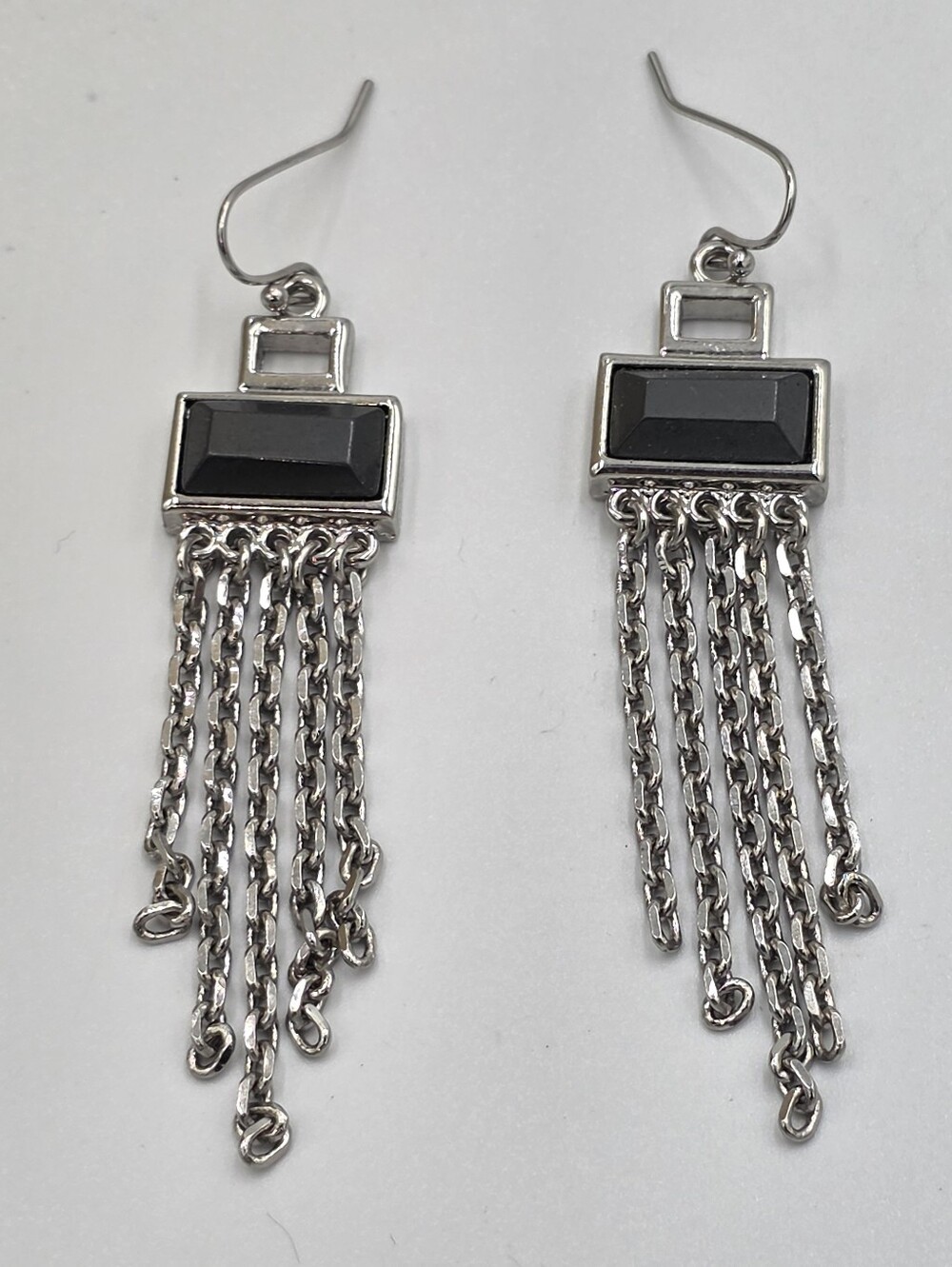 Lia Sophia Silver Tone Black Stone Multi Chain Fringe Drop Earrings